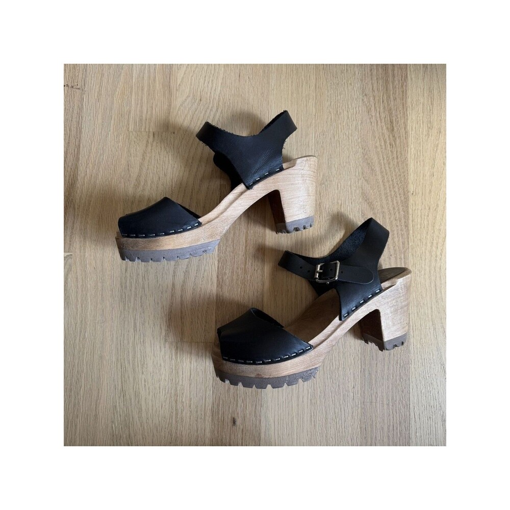 Free People MIA Greta Black Leather Swedish Wooden Platform Clog EU 36 Boho